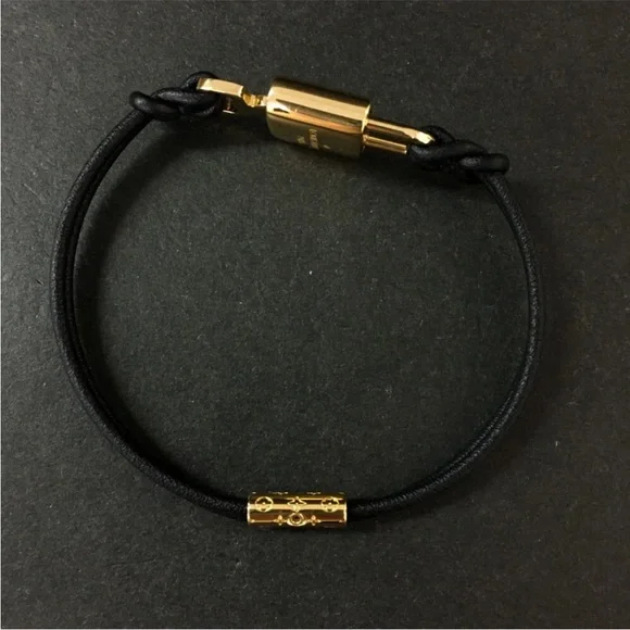 AUTH LOUIS VUITTON LV Padlock Leather Gold Black Bracelet